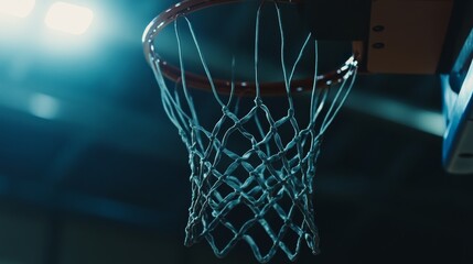 Wall Mural - A detailed view of a basketball hoop’s rim and net with focus on the netting texture, indoor setting with intense gym lights, Clean style