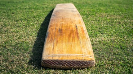 Wall Mural - A detailed view of a cricket bat’s blade with a focus on the grain and grip tape, outdoor setting on a cricket pitch, Classic style