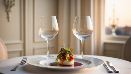 Wall Mural - Gourmet dish served on a plate with wine glasses in an elegant dining setting