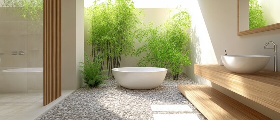 Canvas Print - Serene Zen Garden Bathroom Design With Freestanding Tub