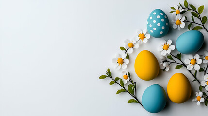 Poster - Colorful Easter eggs arranged with flowers on a light background, perfect for spring celebrations and holiday decorations.