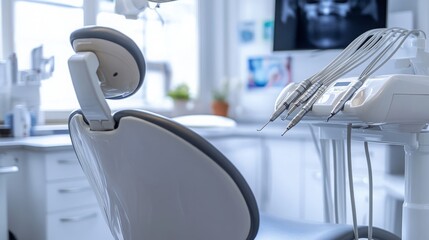 Poster - A contemporary dental clinic features advanced equipment and a sanitized environment. The dental chair is comfortably designed, ready for patients receiving top-notch care from skilled professionals.