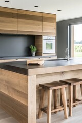 Canvas Print - Modern Kitchen Island With Wooden Stools And Cabinets