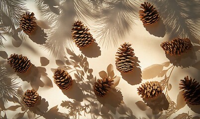 Wall Mural - Pine Cones Arranged with Shadowy Plant Patterns