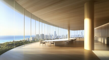 Canvas Print - Modern Dining Room Overlooking Coastal Cityscape