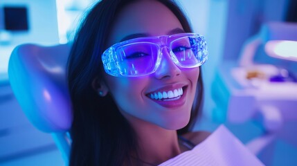 Poster - A patient smiles brightly while wearing protective eyewear in a contemporary dental clinic.