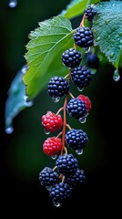 Wall Mural - Fresh mulberry fruits glisten with dew on a vibrant green tree branch in a serene garden retreat