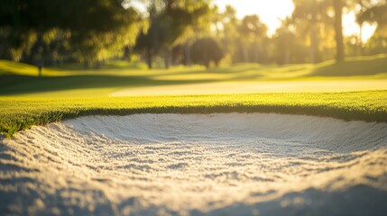 Wall Mural - A golf bunker with a focus on the sand texture and surrounding area, outdoor setting with soft sunlight, Serene style