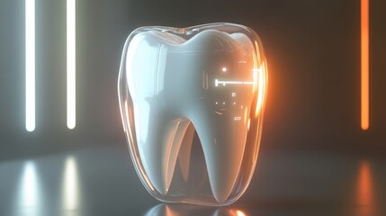 Fototapete - A transparent tooth model is illuminated by contrasting lights, representing innovative dental protection.