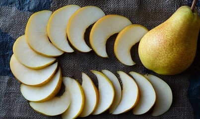 Wall Mural - A whole pear and its sliced segments arranged artfully