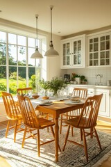 Canvas Print - Sunlit Kitchen Dining Area With Wooden Chairs And Table