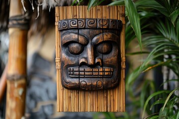 Wall Mural - Traditional tiki mask hanging in tropical garden setting, polynesian culture symbol