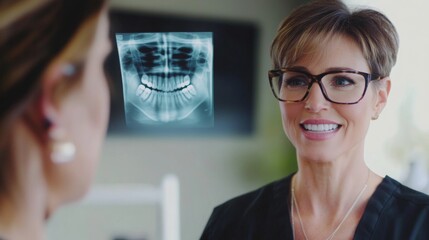 Fototapete - A dentist reviews dental x-ray results with a patient in a contemporary clinic. The professional smiles, offering insights about the patient's oral health. The atmosphere is friendly and informative.