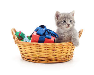 Wall Mural - Kitten in a basket and gifts.