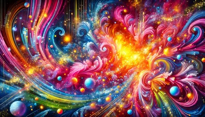 Colorful universe exploding with swirling nebulae, planets, and glitter