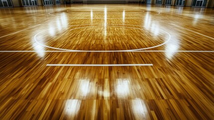 A gymnasium with a focus on the polished wooden floor, indoor setting with bright overhead lights, Clean style