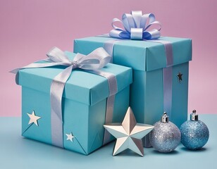 Wall Mural - Two beautifully wrapped blue gift boxes with ribbons and ornaments, evoking a festive atmosphere.