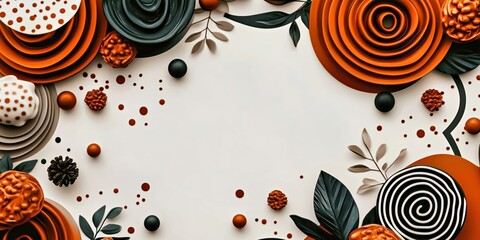 Wall Mural - Colorful abstract background with layered geometric shapes, botanical accents, and circular patterns in orange and black