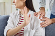 © Studio Romantic - Woman showing no to make stop gesture, sign of protest, female against domestic violence, abortion, bullying at homt, saying not to man, gender discrimination or violence prevention, alert message