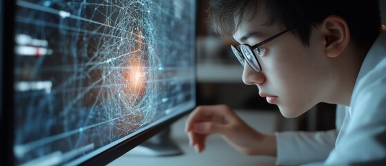 Wall Mural - a young professional engrossed in a digital interface, focusing intently on intricate data visualiza