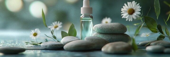 Poster - Two small bottles of essential oil placed on a smooth stone with herbs and flowers