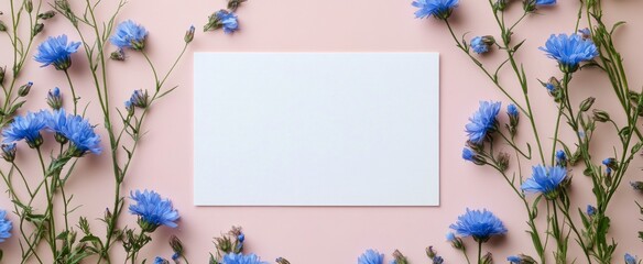 Wall Mural - Beautiful blue flowers surrounding a blank card on a soft pink background