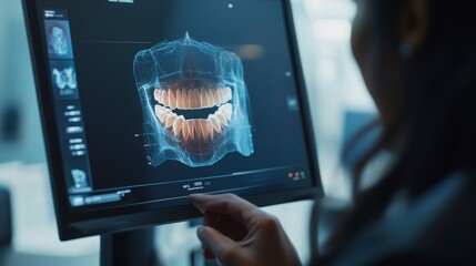 Poster - A professional examines a digital dental image on a monitor, showcasing advanced AI technology in dentistry.