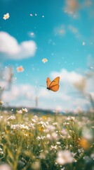 Wall Mural - butterfly gracefully flutters above a vibrant meadow under a bright blue sky with fluffy clouds