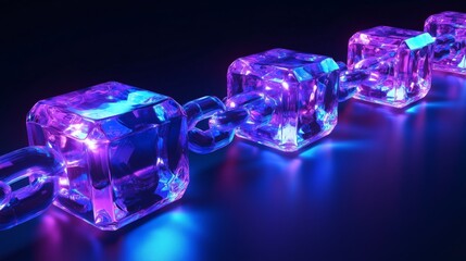 a chain of glowing digital cubes, interconnected by luminous lines, represents secure, decentralized