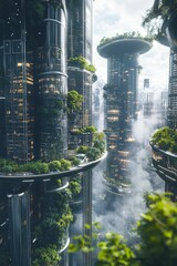 Wall Mural - Futuristic city; vertical green towers, misty.