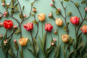 Wall Mural - Vibrant tulips and delicate blossoms arranged against a soft green backdrop