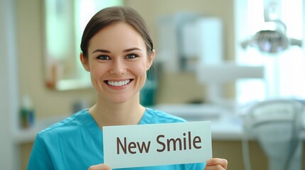 Poster - A dental professional smiles brightly while holding a sign that says New Smile.