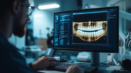 Poster - A dental professional analyzes a digital x-ray on a computer screen in a well-equipped clinic. The use of AI technology streamlines patient diagnostics and treatment planning during office hours.