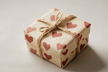 Wall Mural - Gift box wrapped in heart patterned paper with twine on a neutral background