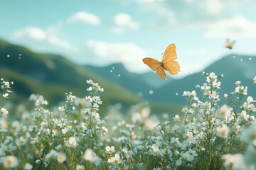 Sticker - Butterfly fluttering over a vibrant field filled with colorful flowers on a sunny day