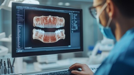 Fototapete - A dental professional analyzes a digital X-ray of teeth on a computer screen in a clinical setting. The advanced imaging system aids in diagnosing and planning treatment for patients effectively.