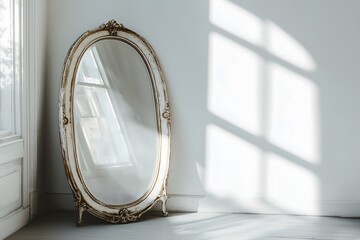 Wall Mural - A weathered mirror with a white colored frame leaning against a white wall with sunlight shining in