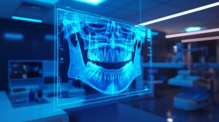 Fototapete - A modern dental clinic utilizes advanced digital imaging to display a virtual x-ray of a jaw. This technology aids in accurate diagnostics and effective treatment planning for patients.
