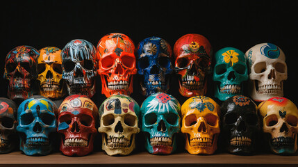 Wall Mural - A collection of skulls each adorned with colorful tribal paint, arranged in a vibrant display representing cultural heritage. 