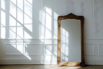 Wall Mural - An antique mirror with a golden colored frame leaning against a white wall with sunlight shining in