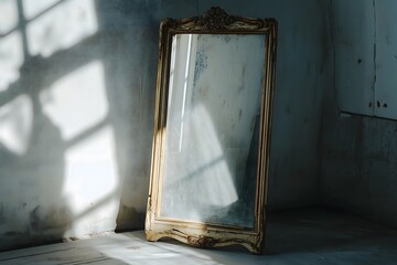 Wall Mural - An old mirror standing in a weathered room with sunlight shining in on it