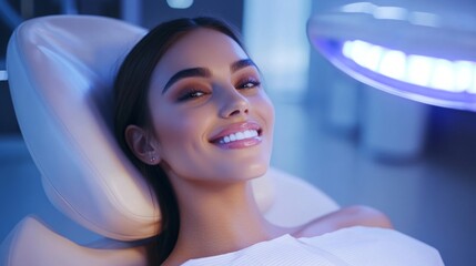 Poster - A young woman is comfortably reclining in a dental chair, showcasing her bright smile while receiving care.