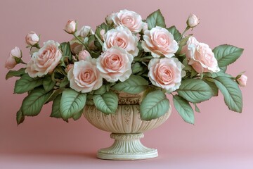 Wall Mural - Beautiful arrangement of pink roses with green leaves on a soft pink background