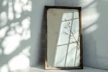 Wall Mural - A massive mirror leaning against a white wall with sunlight shining in