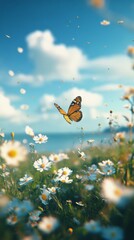 Wall Mural - butterfly gracefully flutters above a vibrant meadow under a bright blue sky with fluffy clouds