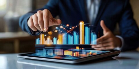 Poster - A skilled business professional analyzes bar graphs and financial data on a tablet, highlighting the importance of strategic planning and goal setting in todays dynamic business environment