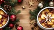 © elisabet - boiled potato dish on small pot mash potato decorated with xmas decoration seamless pattern brown wooden background