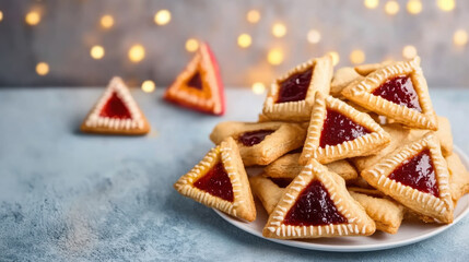 Wall Mural - Hamantaschen Pastries for Purim Celebration with Festive Lights - Ideal for Jewish Holiday Designs