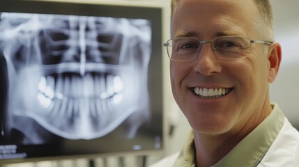 Poster - A dental professional is smiling while standing next to a large digital X-ray screen displaying teeth. The modern clinic features advanced technology for patient care and examination.