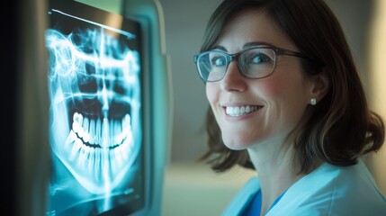 Aufkleber - A dental professional reviews a digital x-ray on a screen. She demonstrates a friendly demeanor, showcasing her expertise in modern dentistry technology within a clinical environment.